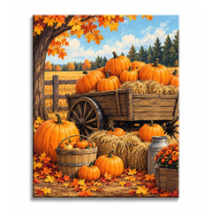 Under a maple tree in autumn, a wooden wagon overflows with pumpkins and straw, golden fields and pines behind, in a pumpkin paint by numbers design.