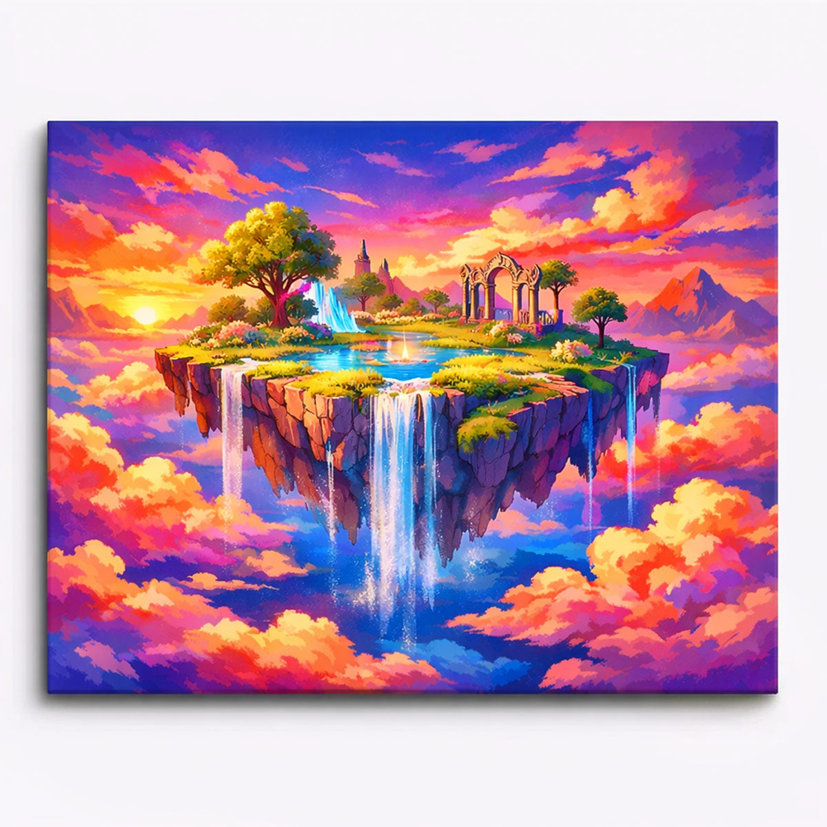 anime style floating island with glowing waterfalls ancient arch ruins and vibrant sunset clouds fantasy landscape paint by numbers design