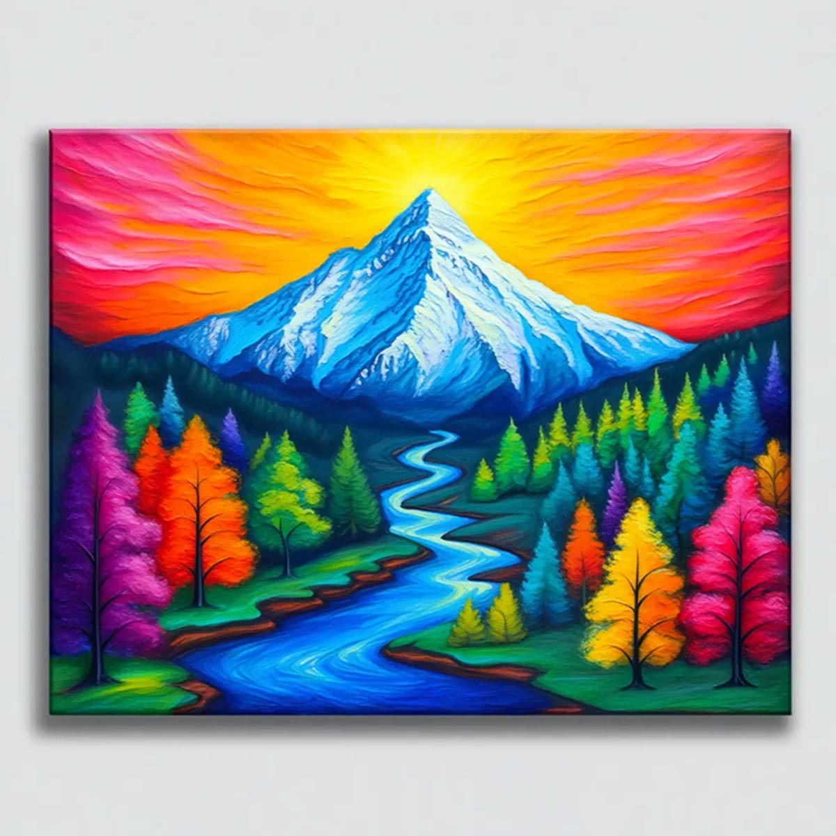 Vibrant mountain valley paint by numbers design with rainbow trees, winding river, and snow-capped peak