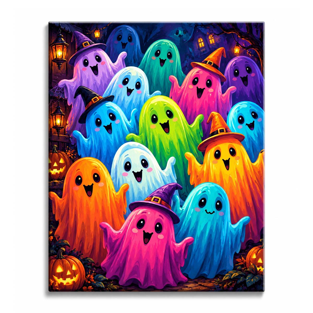 A cute ghost paint by numbers design showing a crowd of colorful ghosts in witch hats gathered on a lantern-lit village street at night.