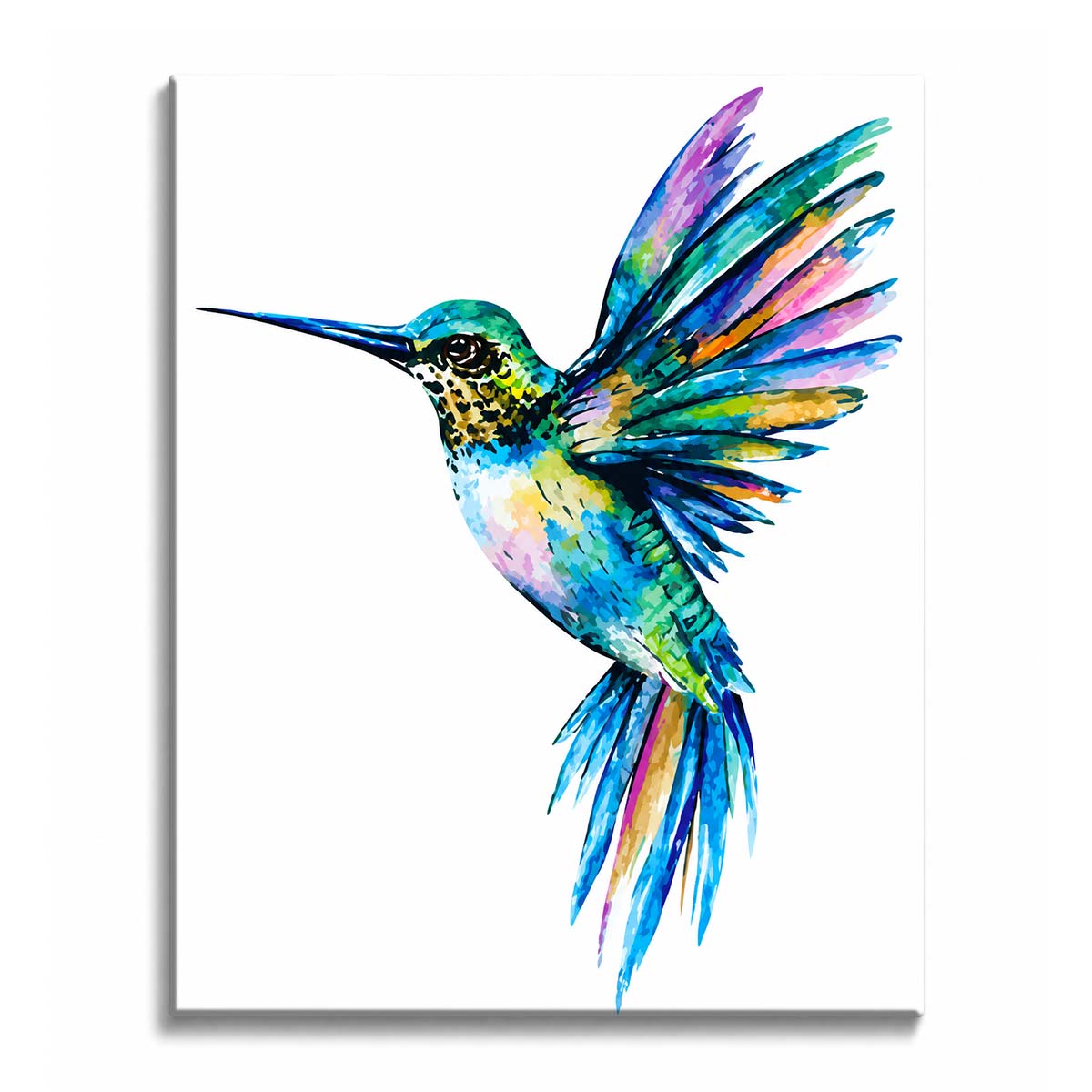 A rainbow hummingbird paint by numbers design with a long bill, raised wings, and layered teal, violet, pink, green, and gold feathers against white.