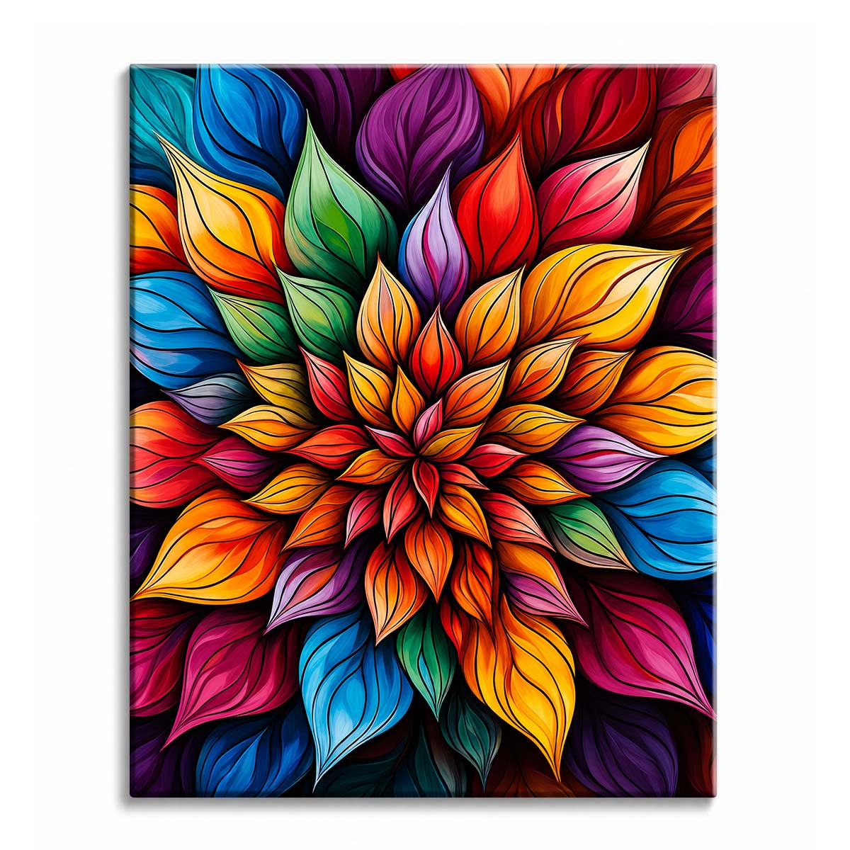 A spiral of overlapping pointed petals in scarlet, gold, teal and violet radiating from the center, shown as a paint by numbers canvas.