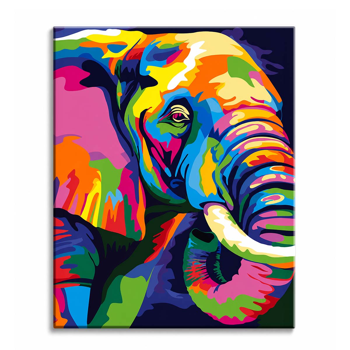 A close-up elephant head painted in bold rainbow colors of magenta, lime and cobalt against a dark background, shown as a paint by numbers canvas.