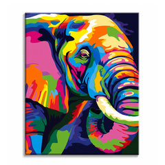 A close-up elephant head painted in bold rainbow colors of magenta, lime and cobalt against a dark background, shown as a paint by numbers canvas.