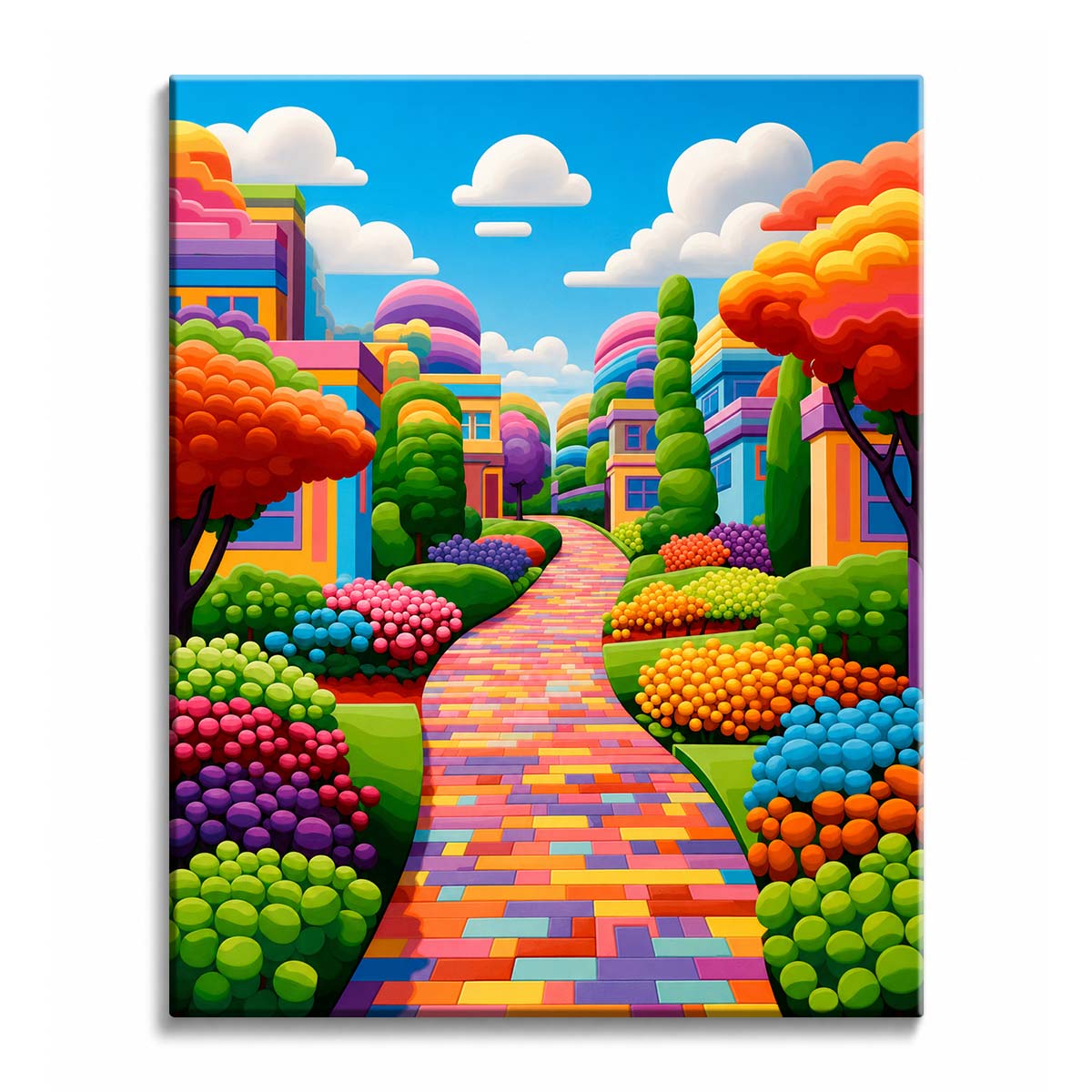 A mosaic path winds between striped houses and candy-colored trees under a blue sky, in a paint by numbers design.