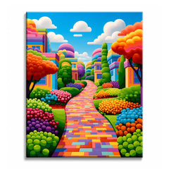 A mosaic path winds between striped houses and candy-colored trees under a blue sky, in a paint by numbers design.