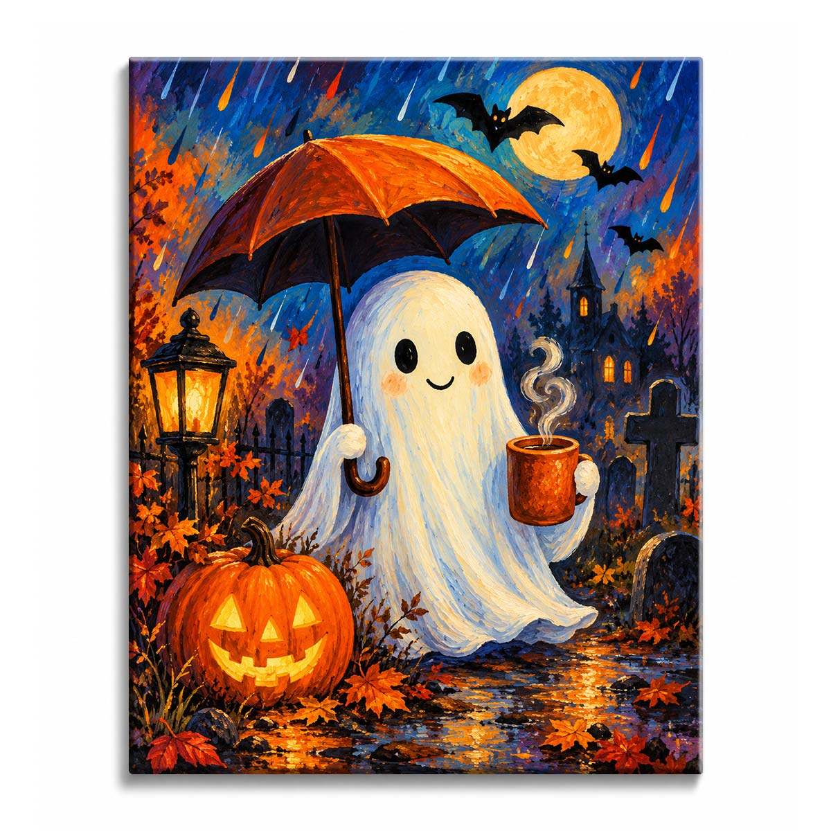 A rainy night ghost paint by numbers design showing a smiling ghost with an umbrella and a steaming mug in a graveyard.