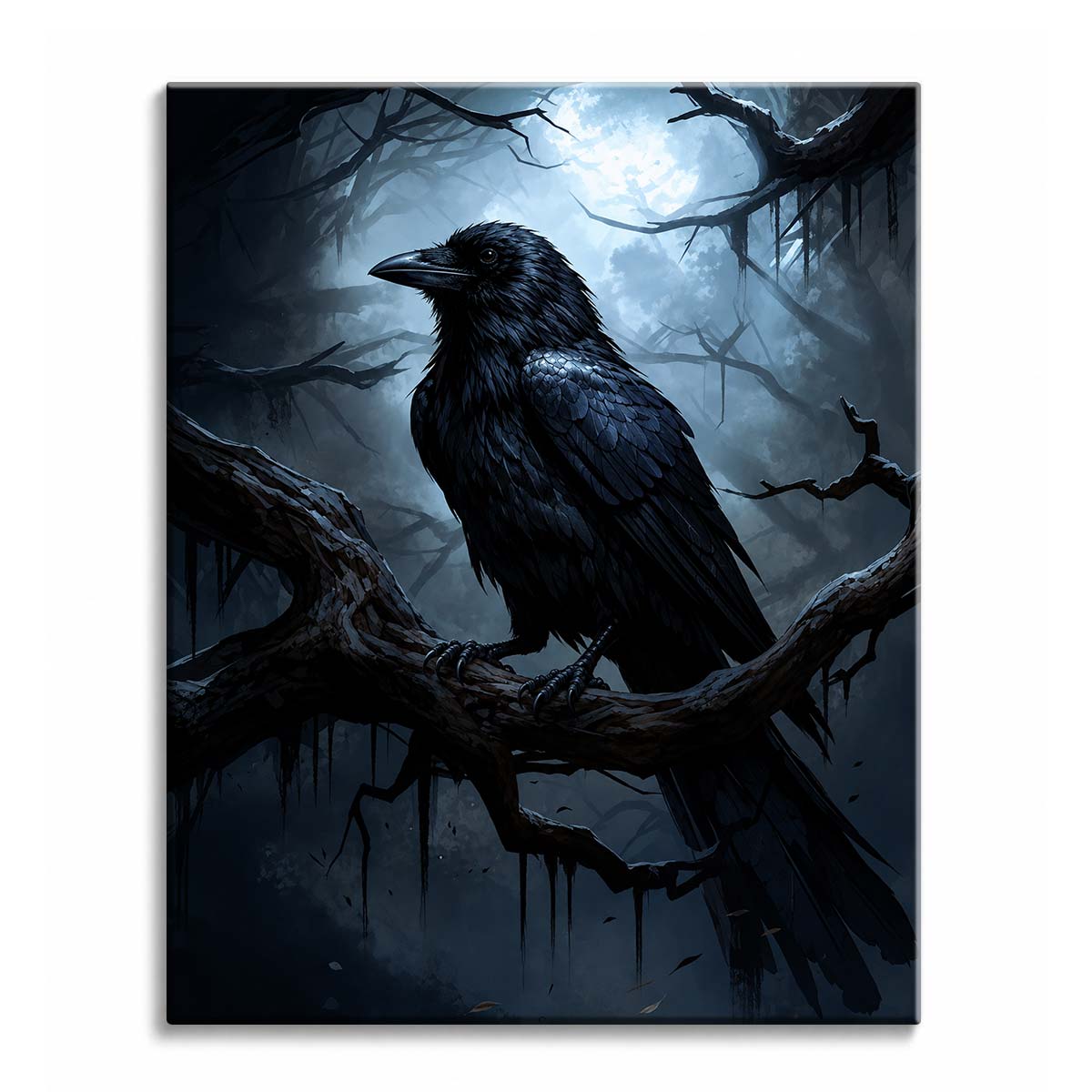 A black raven perched on a bare branch with a full moon behind him in a misty dark forest, shown as a paint by numbers canvas.