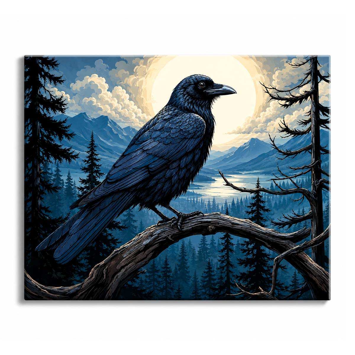 A raven paint by numbers design showing a black bird perched on a branch with a large moon rising over blue spruce forest and mountains.