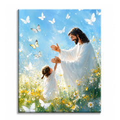 A paint by numbers canvas of Jesus reaching down toward a young girl in a sunlit wildflower meadow, with white butterflies in a bright blue sky.