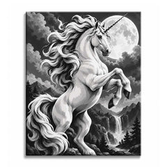 On a rocky ledge beneath a full moon, a white unicorn rears with its mane streaming, a waterfall and pines below, in a black and white paint by numbers design.