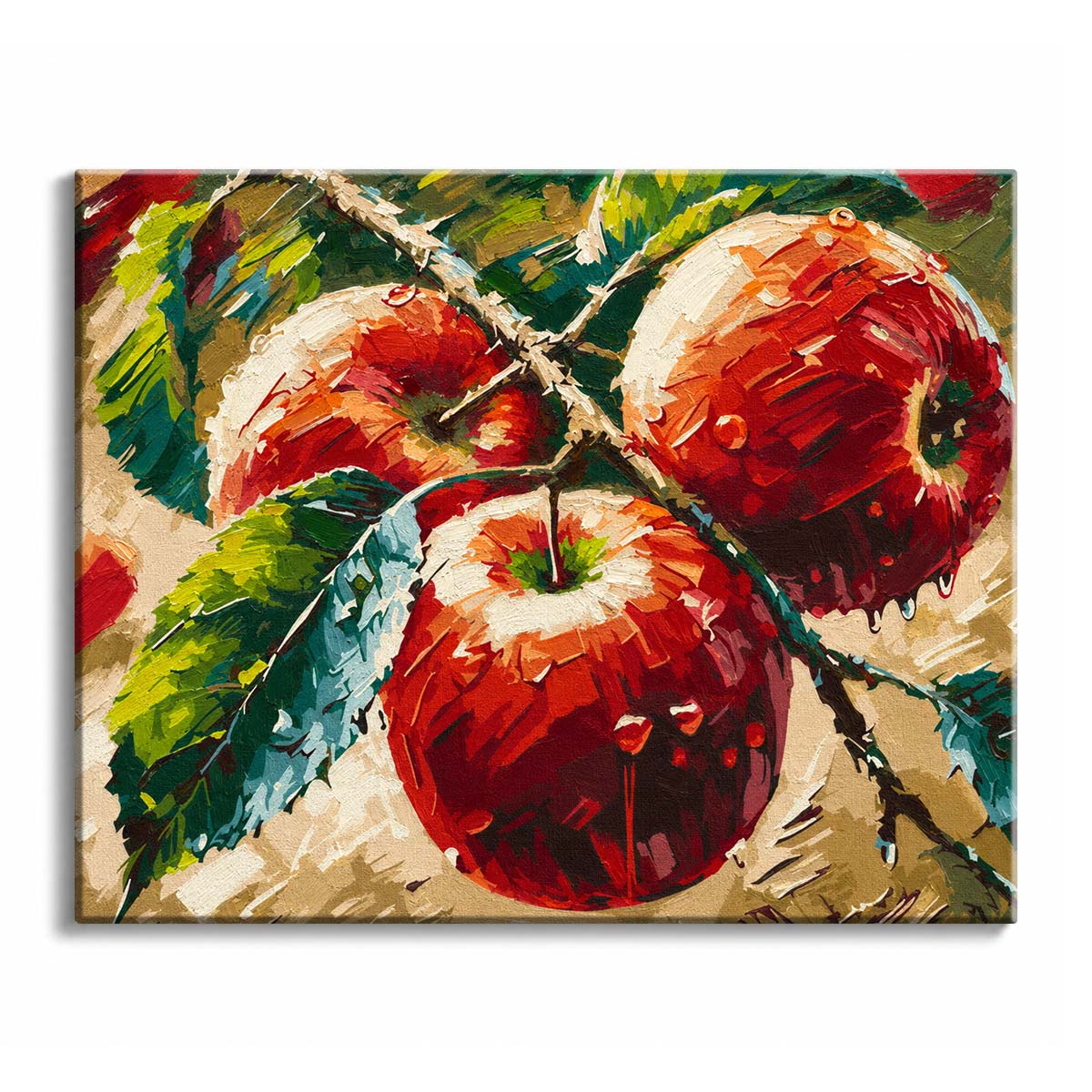 Bold brushstrokes shape three red apples among green leaves in a textured oil-style paint by numbers design.