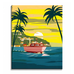 A red motorboat paint by numbers design showing a boat crossing a bay at sunset between palm silhouettes.