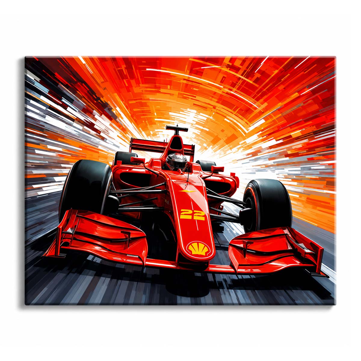 A racing paint by numbers design of a red formula car at speed against a burst of red, orange and white streaks.
