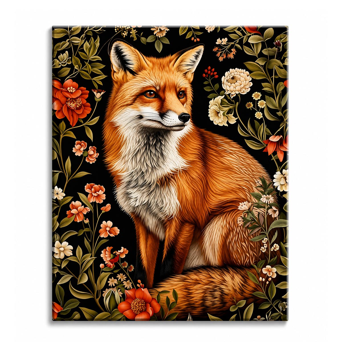 A red fox sitting upright against a black background surrounded by coral and cream flowers, shown as a paint by numbers canvas.