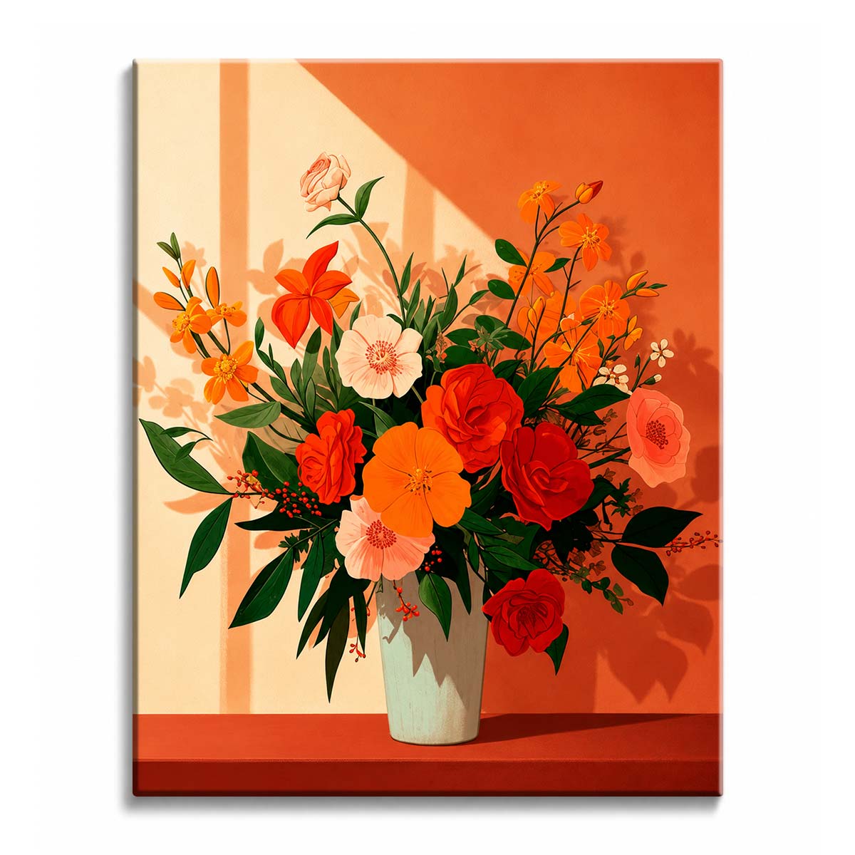 Afternoon light casts leafy shadows behind a vase of red and orange flowers on a terracotta wall, in a paint by numbers design.