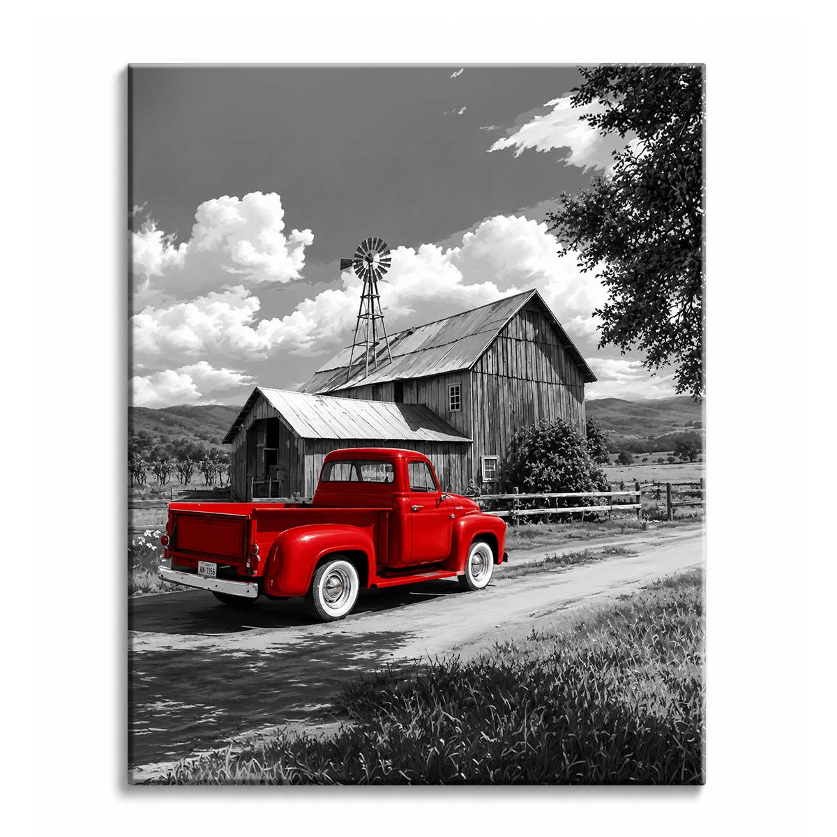 A black and white paint by numbers design of a farm with a barn and windmill, with a bright red vintage pickup truck as the only color.