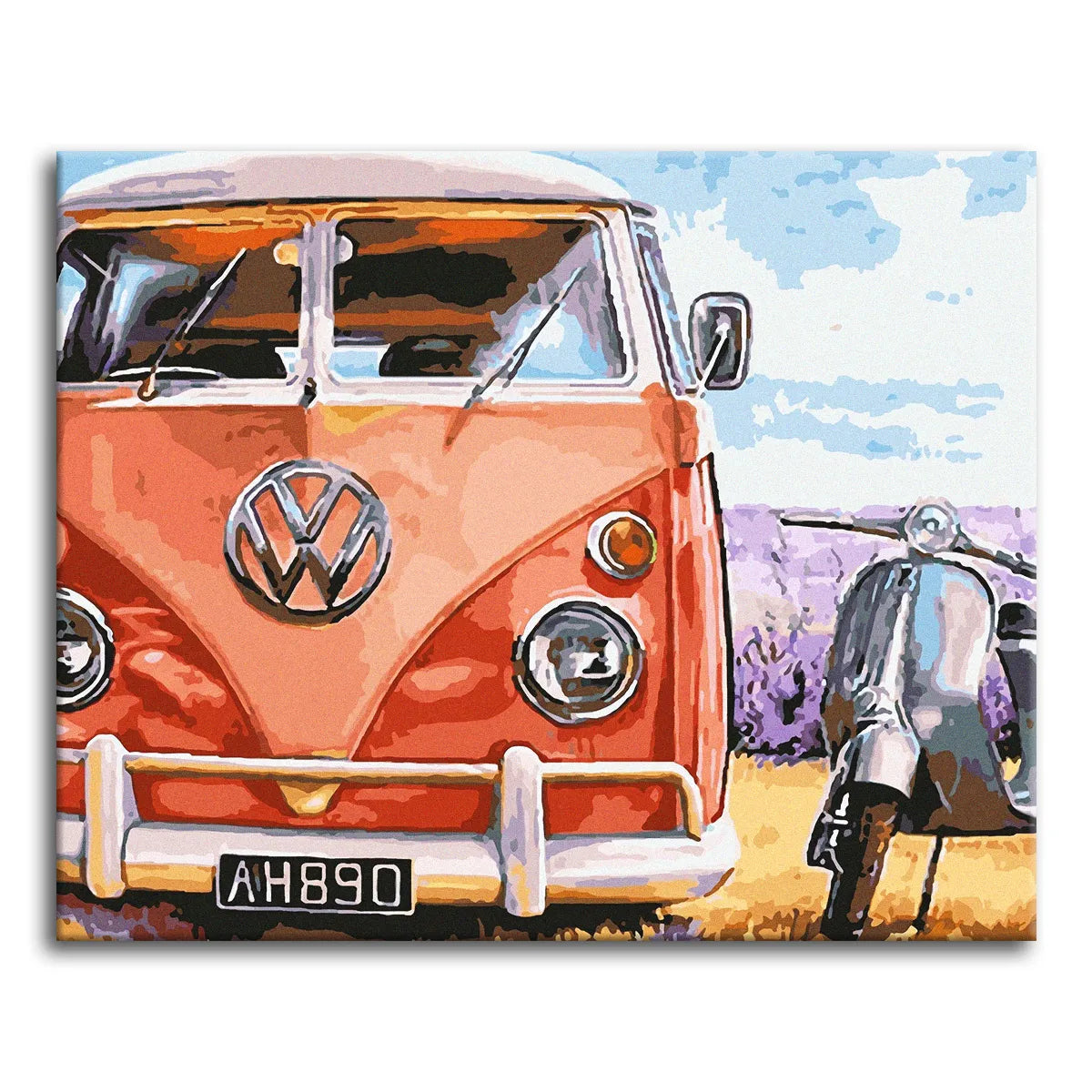 A bold close-up paint by numbers scene of a coral-red vintage camper van seen head-on with chrome badge and number plate, a scooter and a couple walking toward a hazy lavender field in the background.