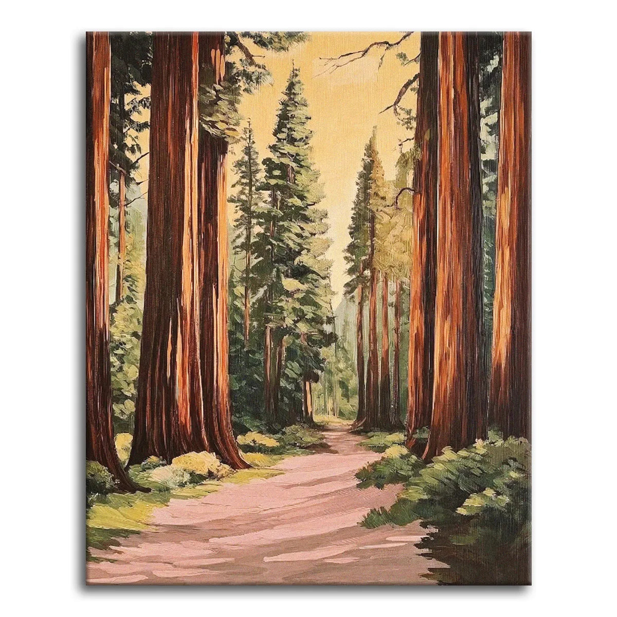 A serene paint by numbers landscape of a dirt path winding between towering rust-red redwood trunks into a sunlit forest, with layered evergreens and green undergrowth along the trail.