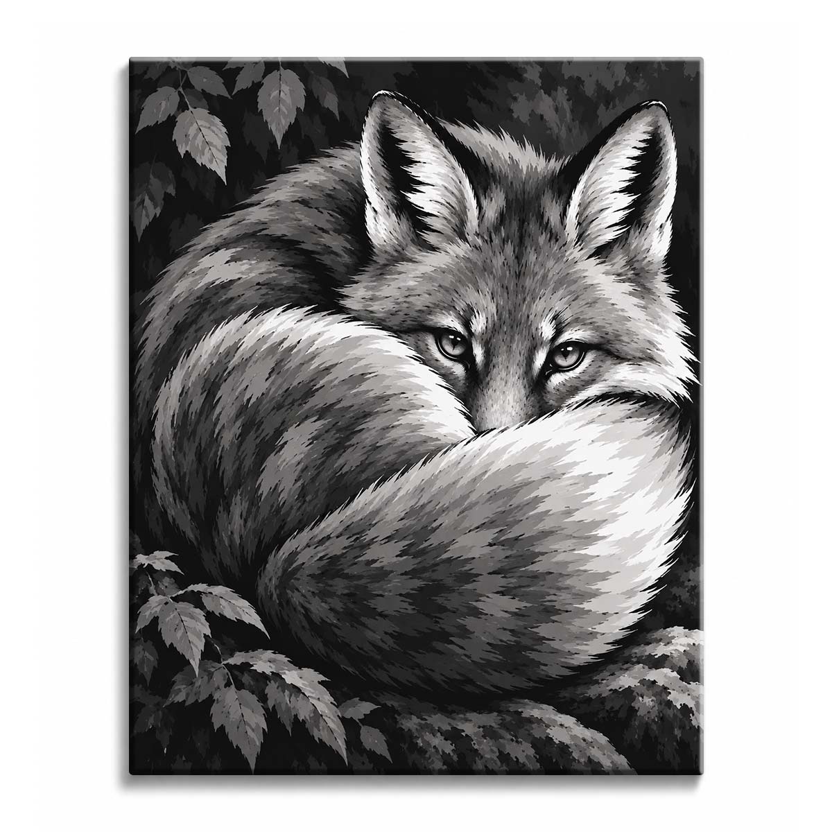 Curled up among dark leaves and a mossy rock, a fox rests with its tail over its muzzle and its eyes open, in a black and white paint by numbers design.