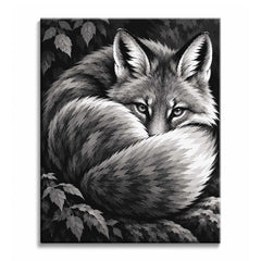 Curled up among dark leaves and a mossy rock, a fox rests with its tail over its muzzle and its eyes open, in a black and white paint by numbers design.
