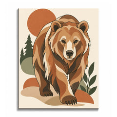 A forward-stepping brown bear among pine silhouettes and olive leaves forms a retro bear paint by numbers design in flat earth tones.