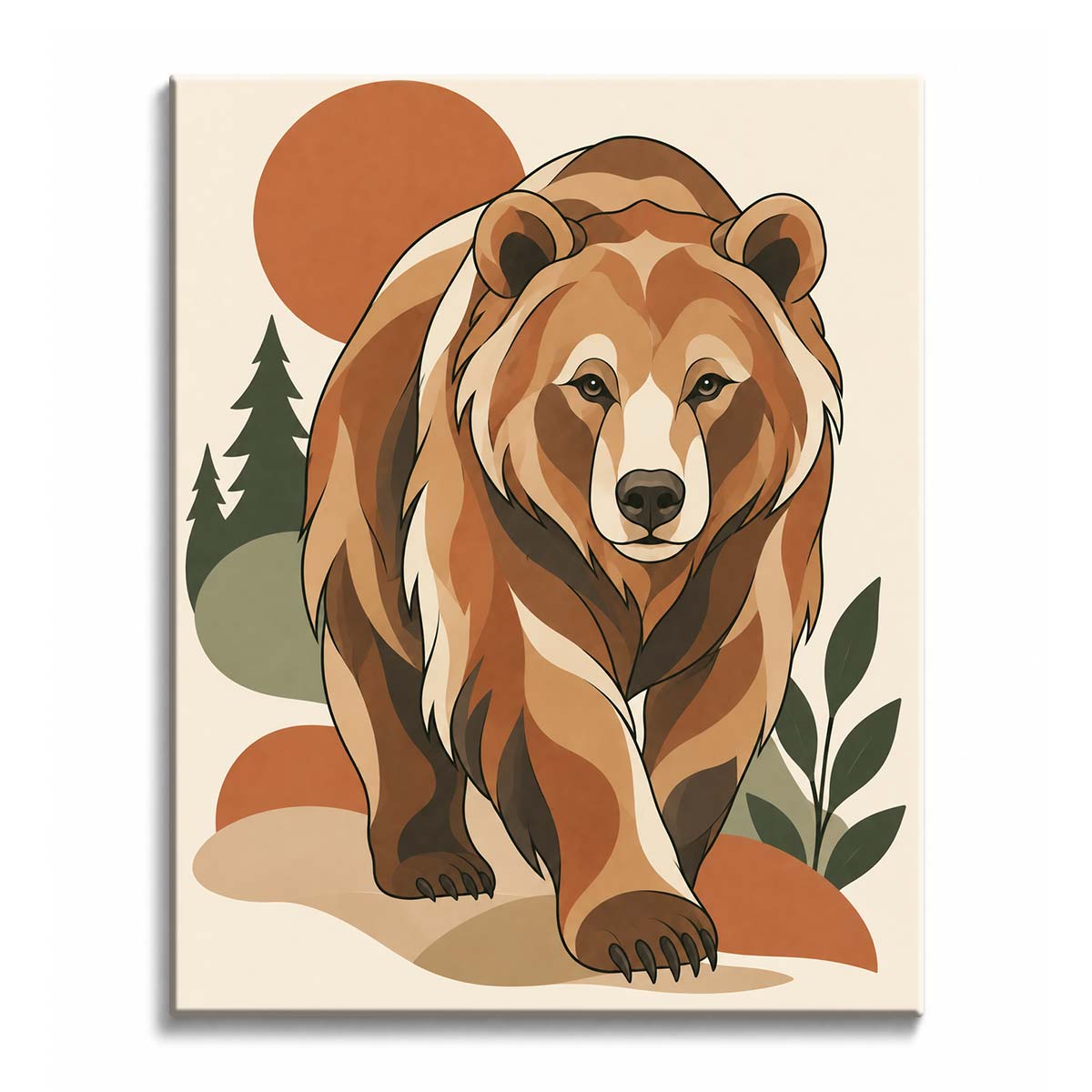 A forward-stepping brown bear among pine silhouettes and olive leaves forms a retro bear paint by numbers design in flat earth tones.