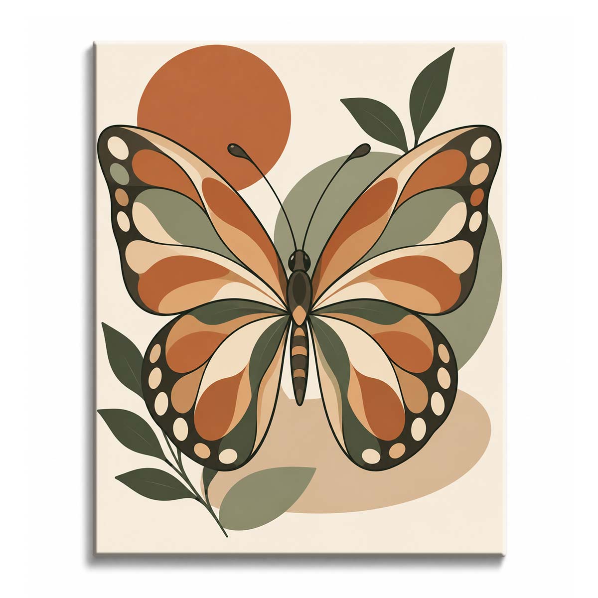 A retro butterfly paint by numbers design with symmetrical terracotta and cream wings, dark borders, and olive leaf accents.