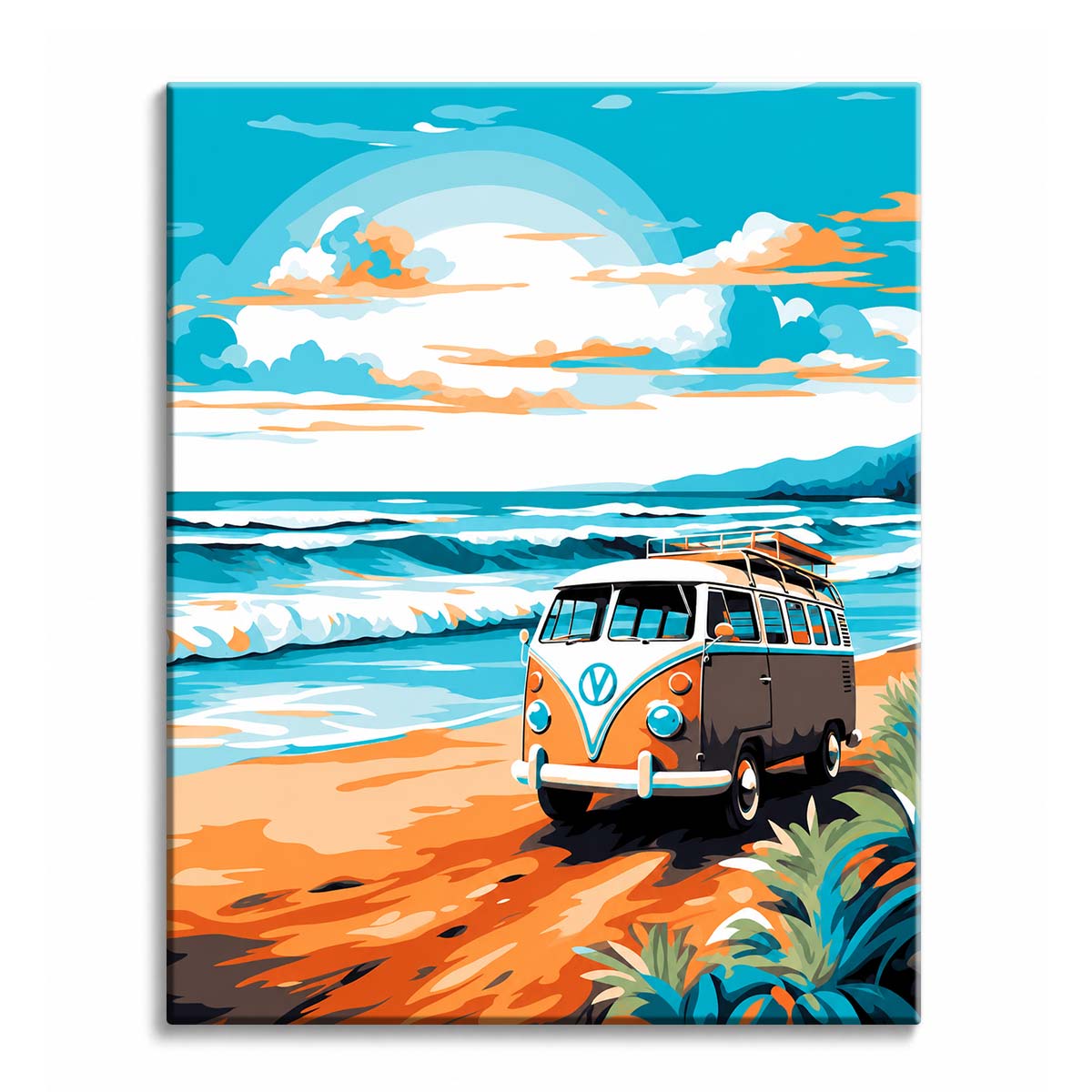 An orange and white split-window camper van parked on sand beside turquoise surf, shown as a paint by numbers canvas.