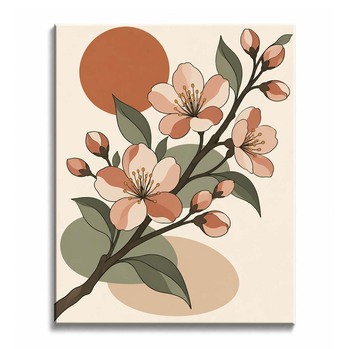 A retro cherry blossom paint by numbers design with peach flowers, olive leaves, a dark branch, and earthy circular forms.