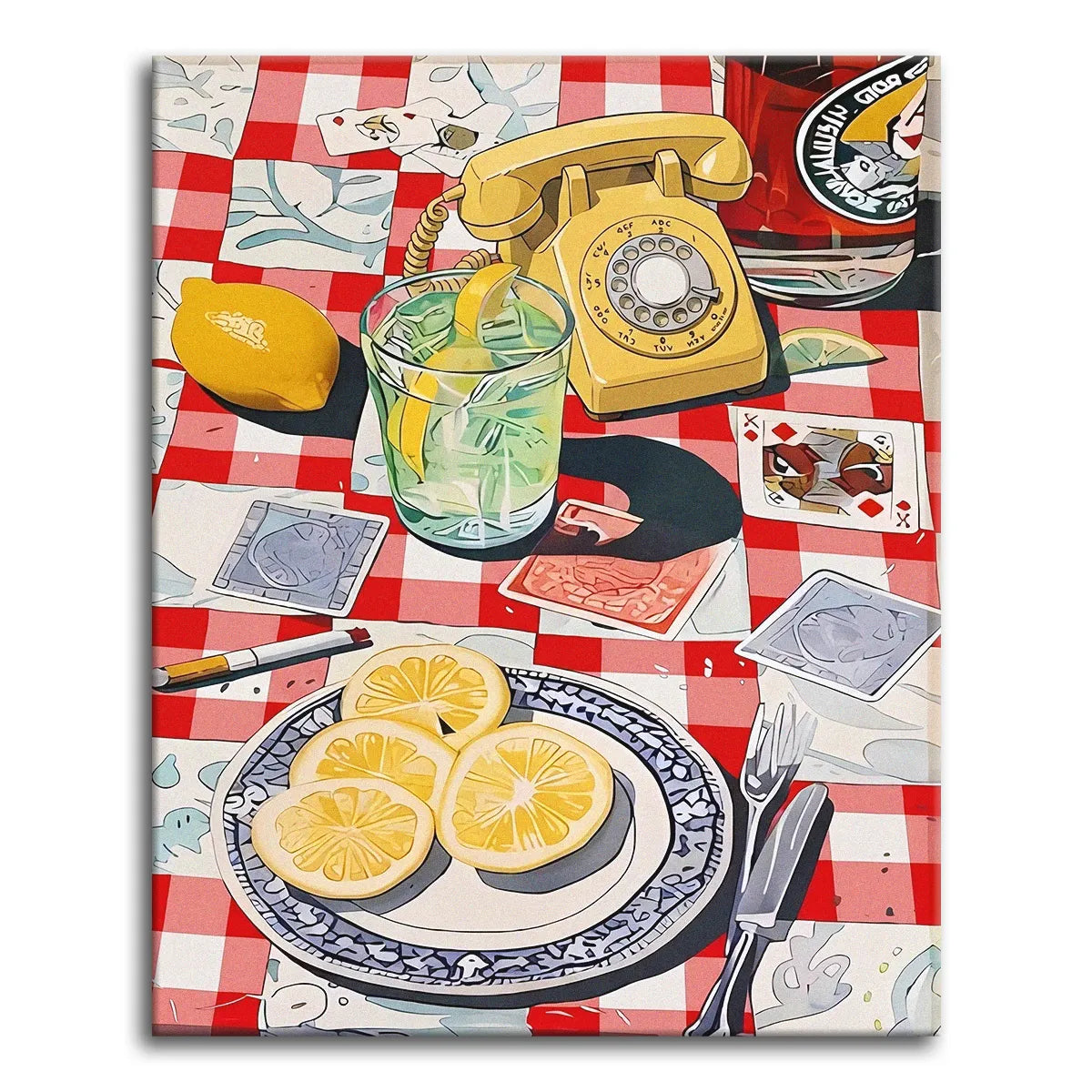 A bold pop-art style paint by numbers still life of a retro yellow rotary phone, a plate of lemon slices, an iced glass, and scattered playing cards on a red checkered tablecloth.