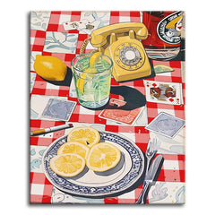 A bold pop-art style paint by numbers still life of a retro yellow rotary phone, a plate of lemon slices, an iced glass, and scattered playing cards on a red checkered tablecloth.