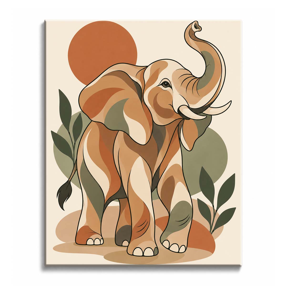 An elephant raises its trunk among olive leaves and earthy circles, rendered in cream and terracotta as a retro elephant paint by numbers design.