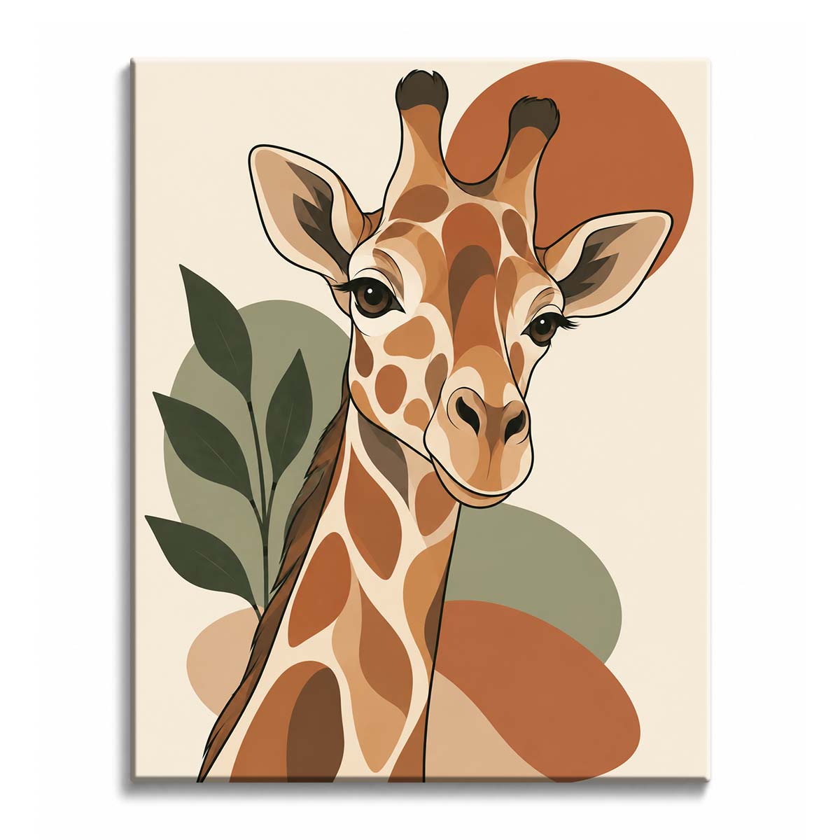 Olive leaves rise behind a retro giraffe paint by numbers design with a long patterned neck, terracotta markings, and warm circular forms.
