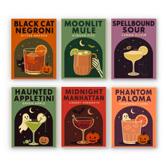 Six retro Halloween cocktail posters with bold lettering, ghosts, black cats, and jack-o'-lanterns around the glasses, in a paint by numbers mini set.