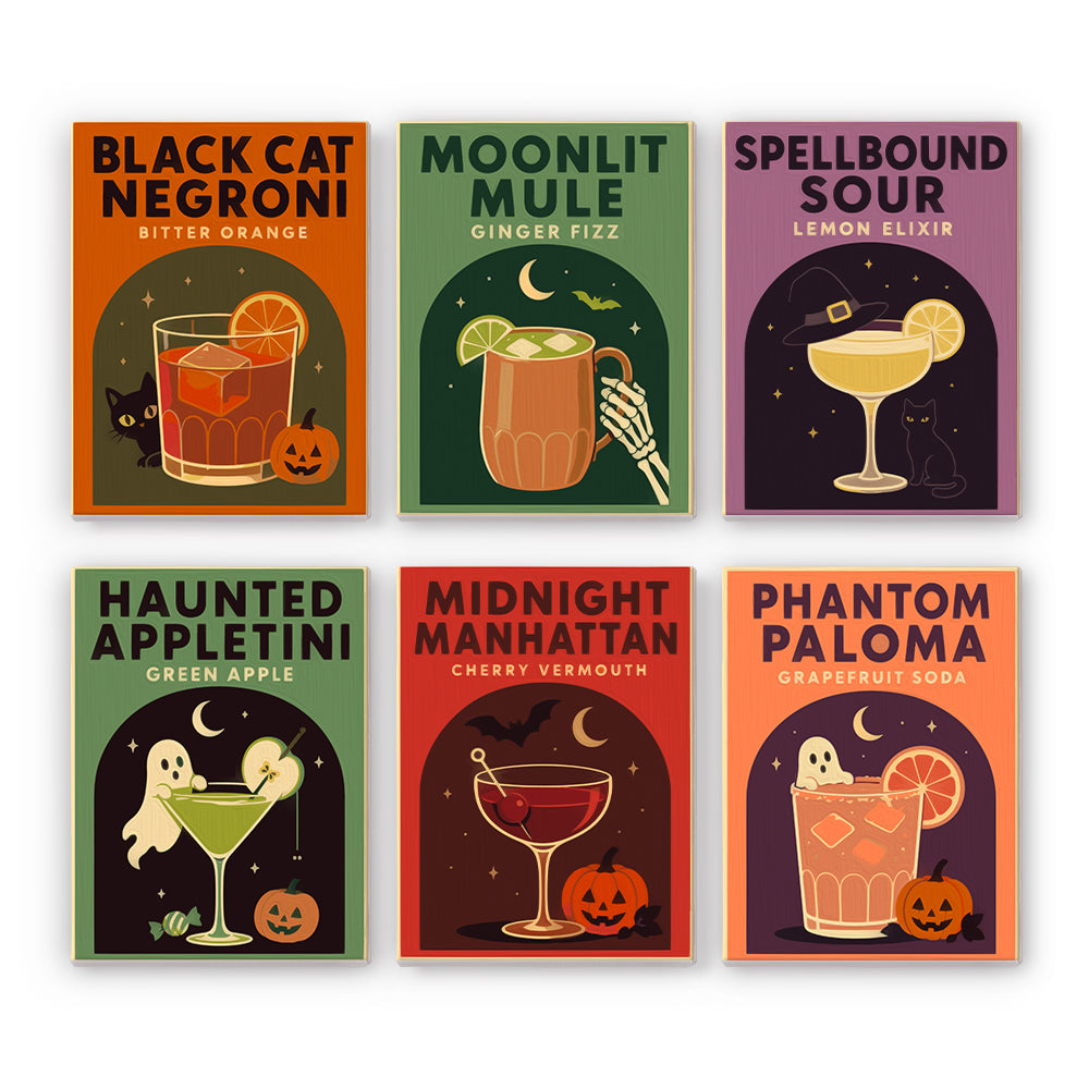Six retro Halloween cocktail posters with bold lettering, ghosts, black cats, and jack-o'-lanterns around the glasses, in a paint by numbers mini set.