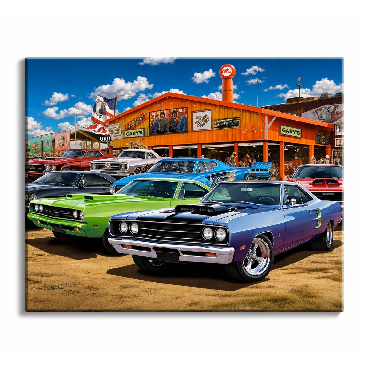 Classic American muscle cars in green, blue, red, and black are parked outside a retro garage beneath a bright blue sky.