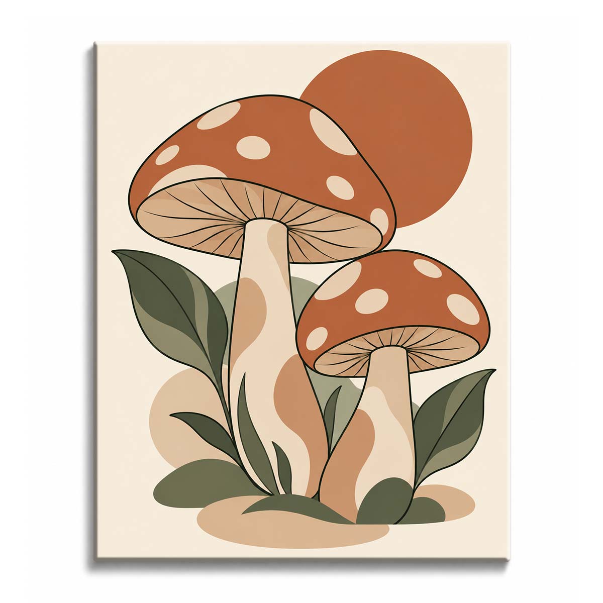 Among olive botanical leaves, a retro mushroom paint by numbers design uses rust caps and cream stems with a simple sun behind the mushrooms.