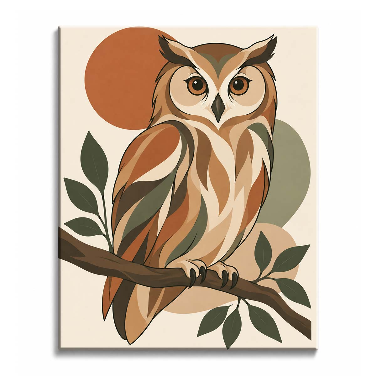 A retro owl paint by numbers design showing an earth-tone owl perched among olive leaves on a dark branch.