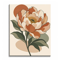 A retro peony paint by numbers design showing a large terracotta and cream bloom, olive leaves, and rounded background shapes.