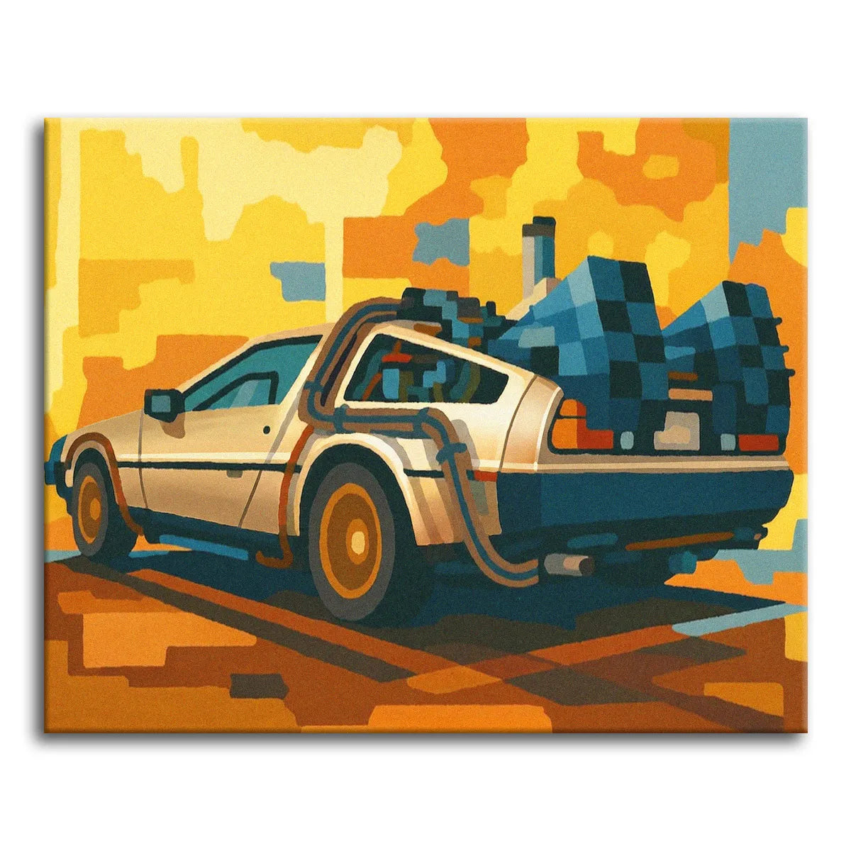 A bold, geometric paint by numbers illustration of a stylized 1980s stainless-steel sports car modified into a retro sci-fi machine, with piping and reactor parts on the back, set against a flat orange and yellow color-block background.
