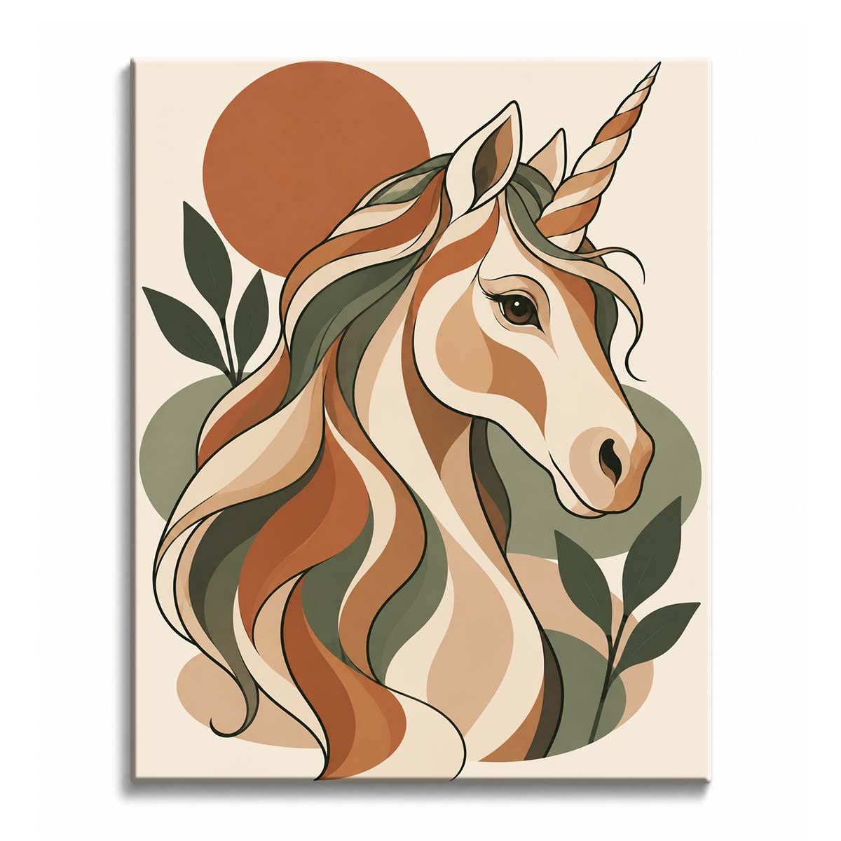 Against a cream background, a retro unicorn paint by numbers design features a striped horn, flowing earth-tone mane, olive leaves, and a terracotta circle behind the portrait.