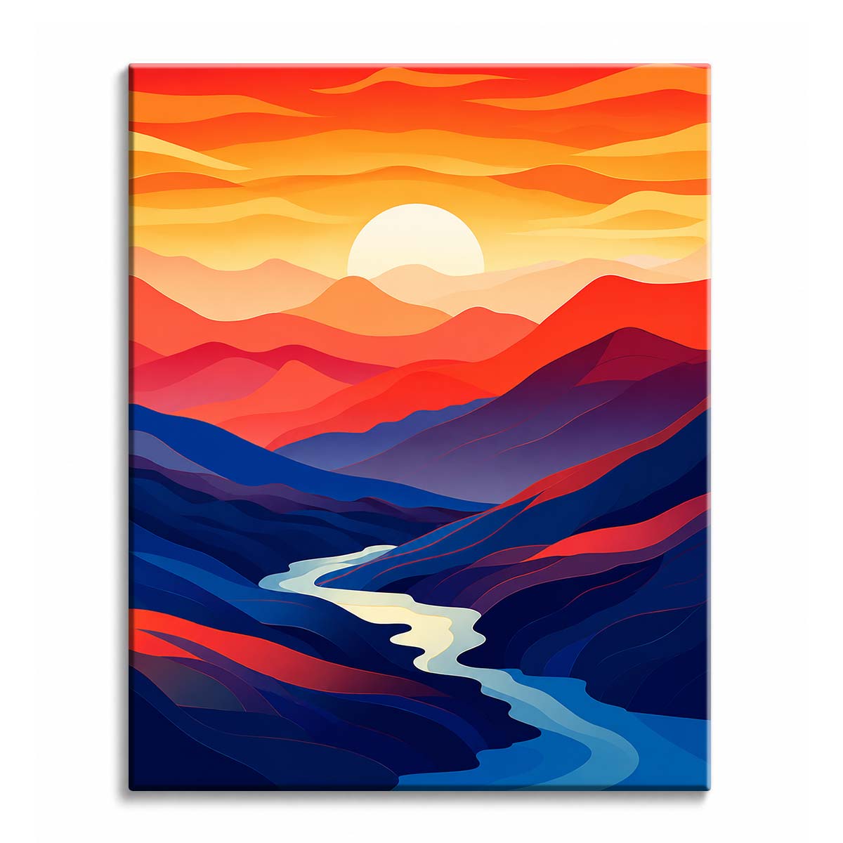 A pale river winding through folded hills in crimson, violet and midnight blue under a low sun, shown as a paint by numbers canvas.