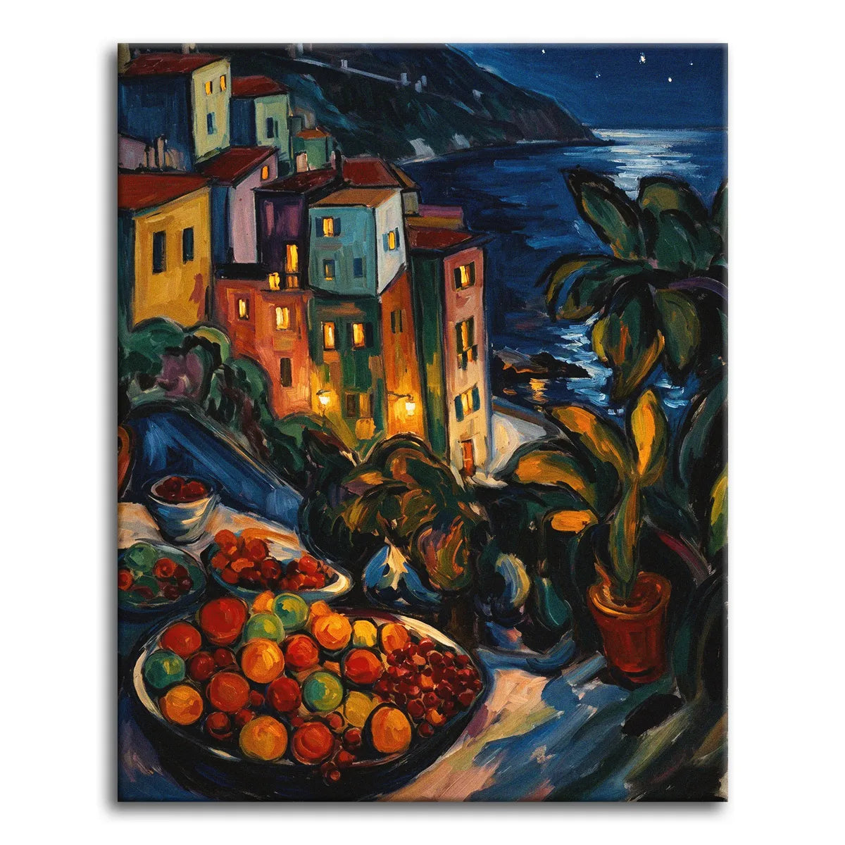 A paint by numbers canvas in bold expressive oil style of a coastal village glowing at night, with lit windows, palms, and a lavish fruit still life in the foreground.