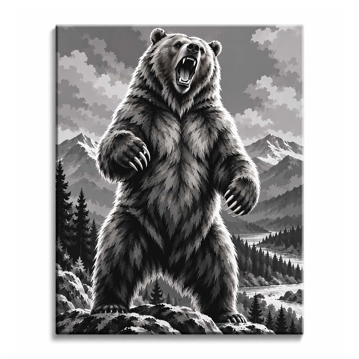 A bear standing upright on a rocky ledge with its mouth open and claws raised, with snowy peaks, pines, and a river valley behind, in a black and white paint by numbers design.