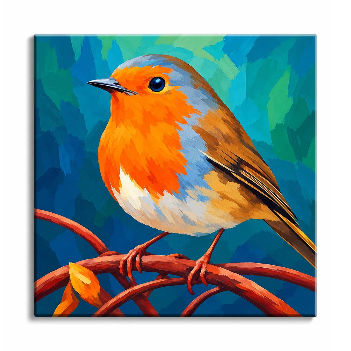 An orange-breasted robin perched on twisting branches against a teal painted background in a mini paint by numbers design.