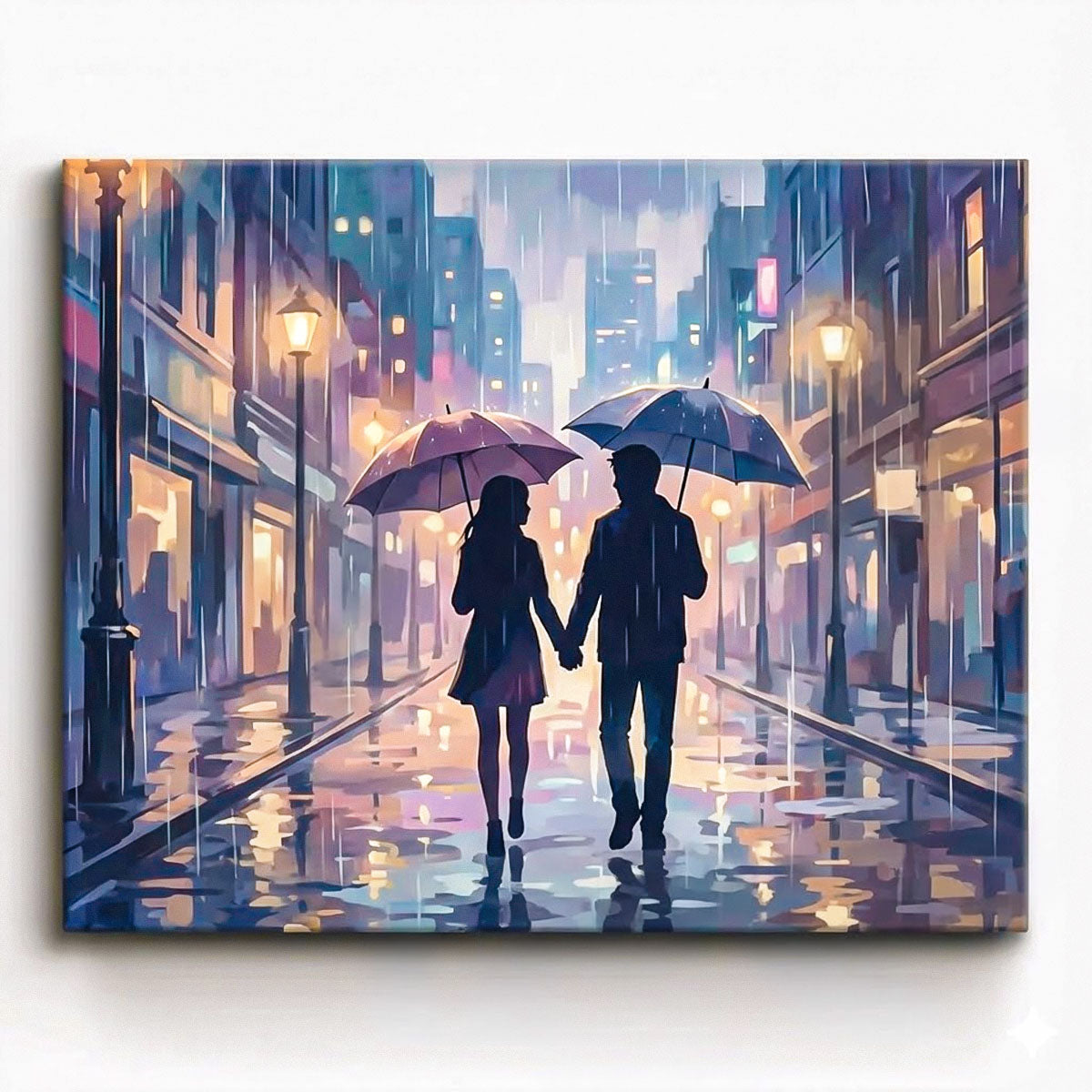 anime romantic couple walking together under umbrellas in rainy city street at night paint by numbers design
