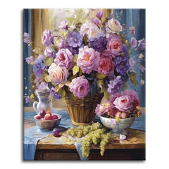An abundant basket of pink and violet roses beside bowls of grapes and plums on a draped table by a softly lit window, shown as a paint by numbers canvas.