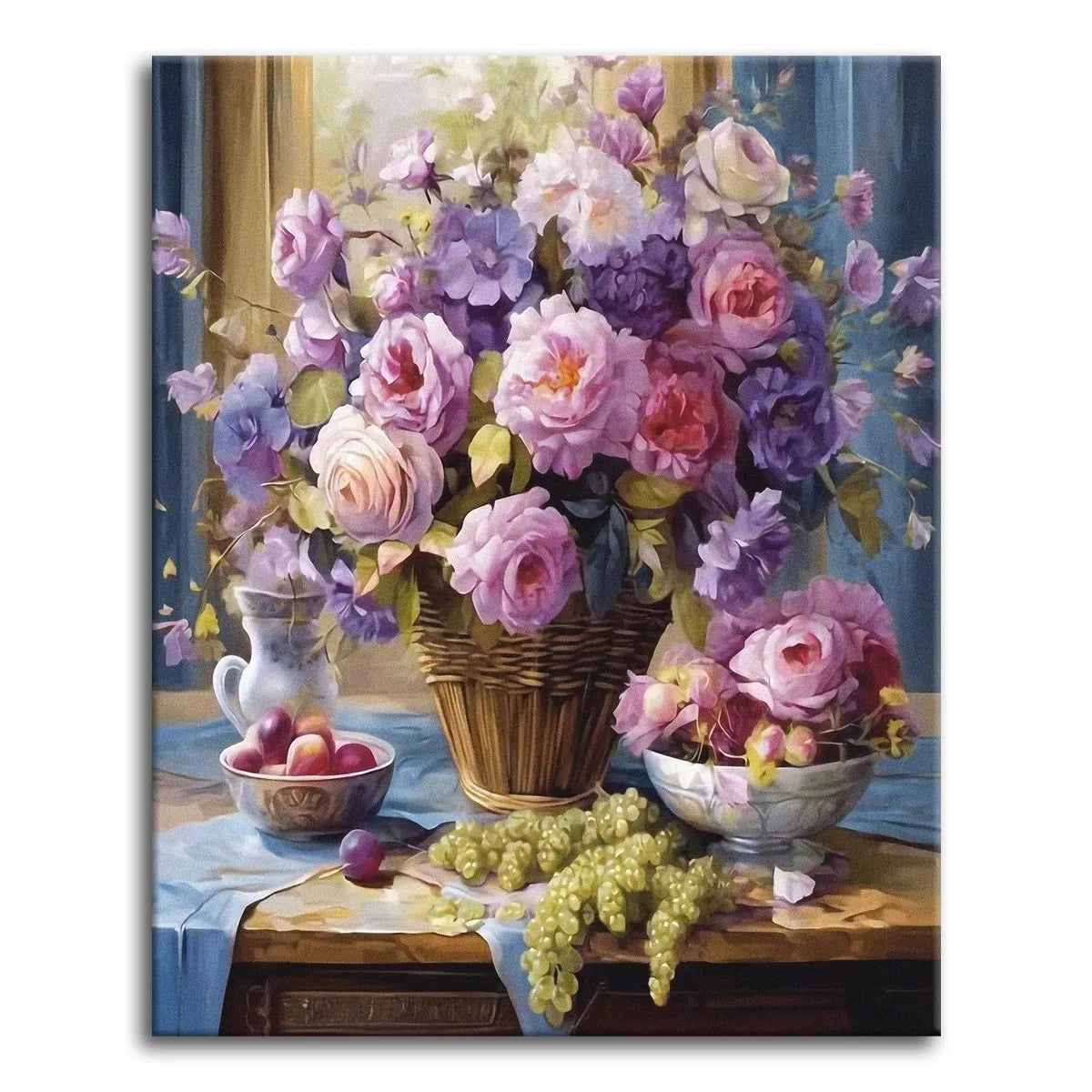 An abundant basket of pink and violet roses beside bowls of grapes and plums on a draped table by a softly lit window, shown as a paint by numbers canvas.