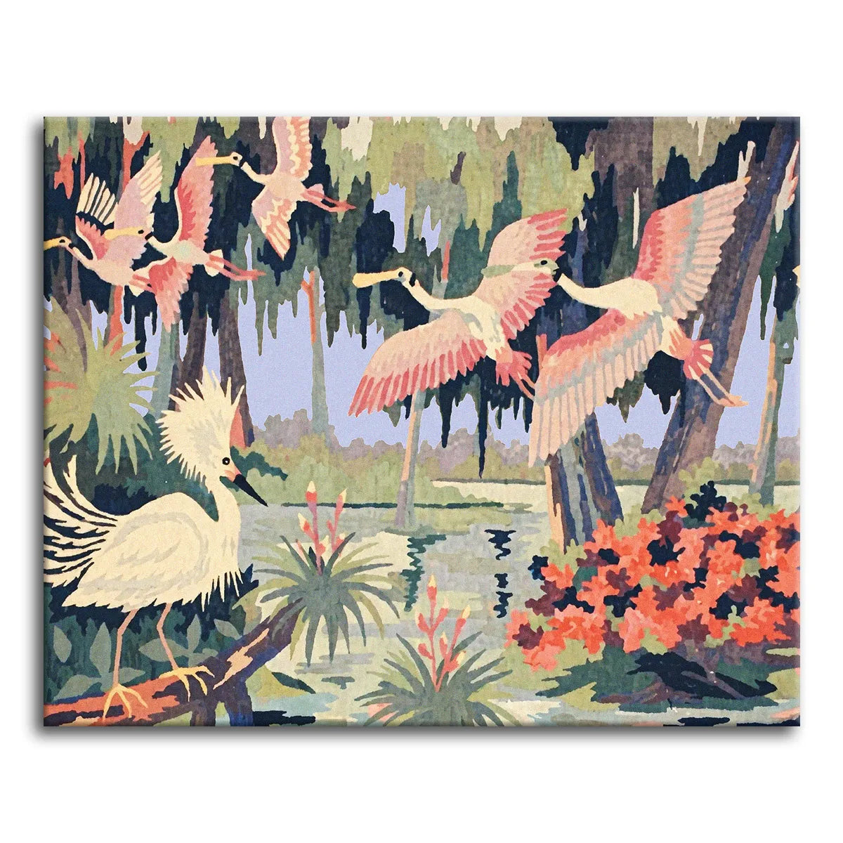 A vivid, stylized paint by numbers scene of pink roseate spoonbills taking flight through a moss-draped cypress swamp, with a crested white egret perched in the foreground beside orange swamp blossoms and still water.